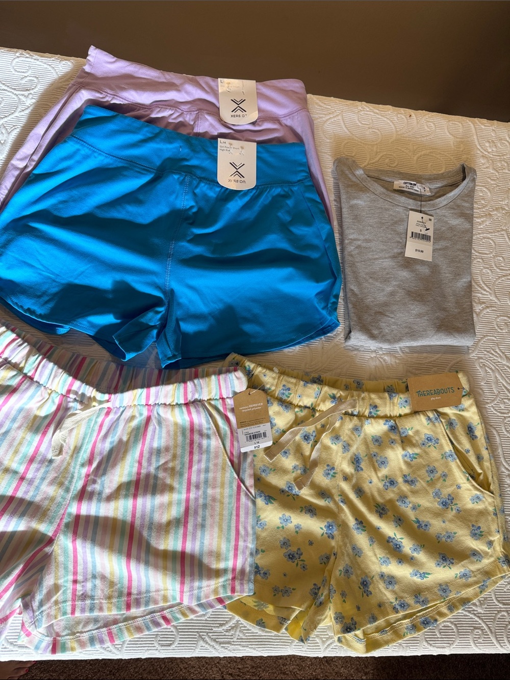 Girls Bundle. 4-Shorts & 1-Tee Blue Athletic Play Soft. NWT size 14 shorts